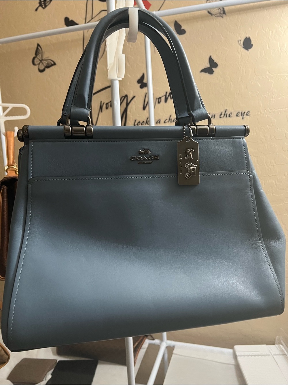 Coach Frame Carryall 28 Blue Leather Satchel Gunmetal 31916 - Picture 1 of 10